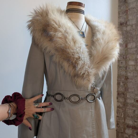 Vintage Leather Penny Lane Coat Grey Cream Fur Trim Trench Afghan Jacket Medium - Picture 9 of 12